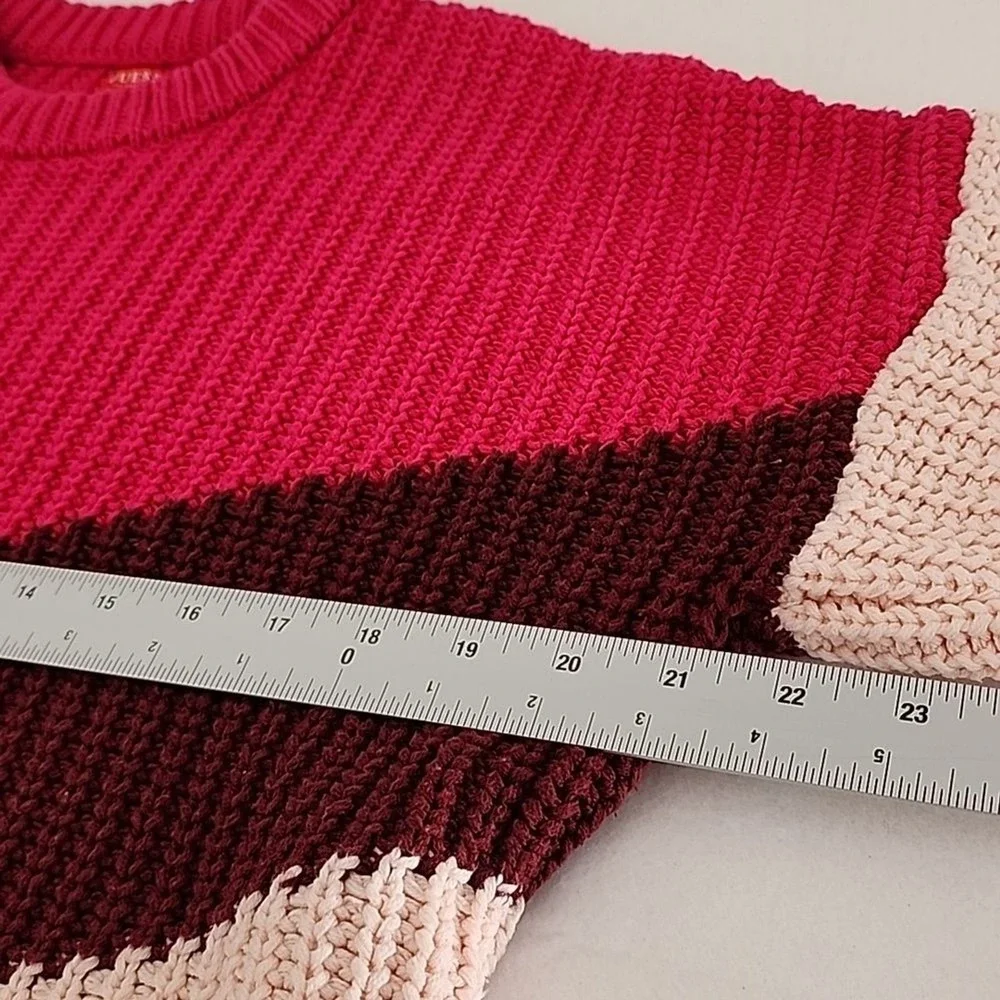 Guess Colorblock Sweater Womens XS Pink Burgundy Chevron Chunky Knit Boho